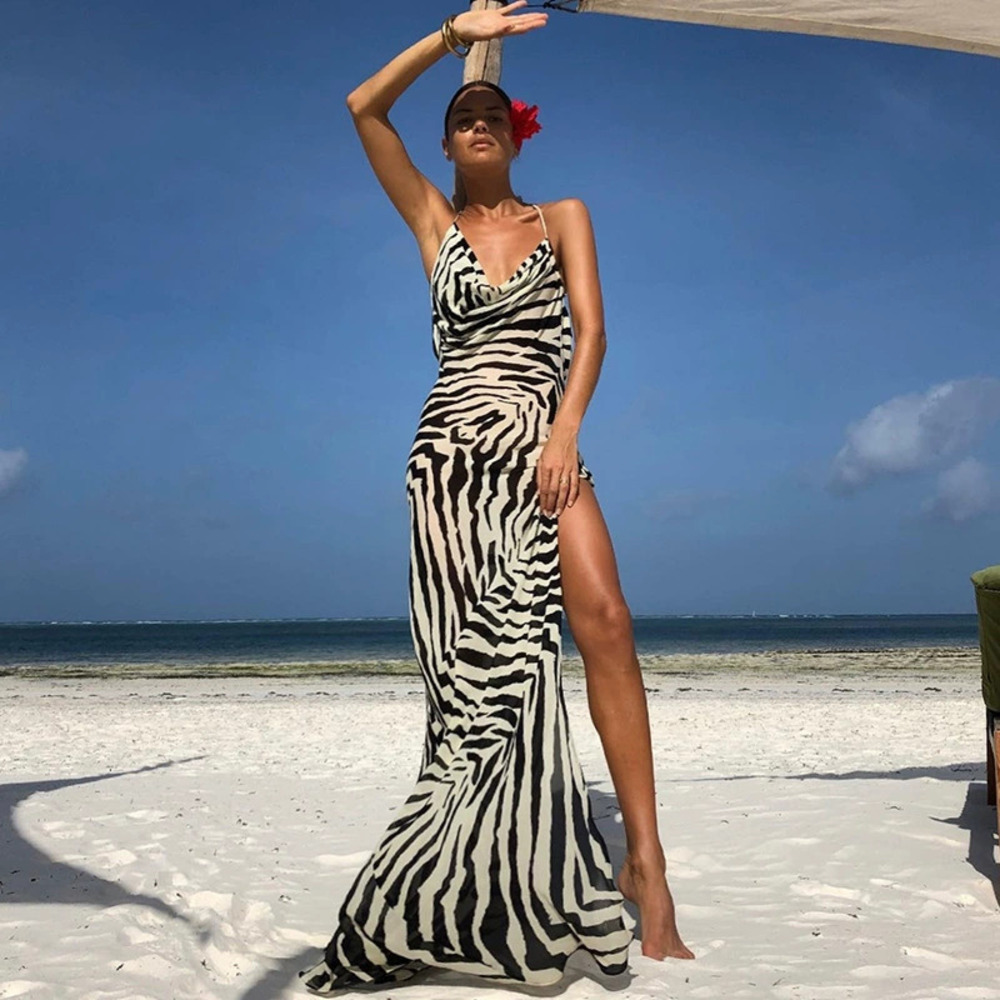 H&M Sexy Zebra Print High Slit Tie Up Sheer Resort Dress